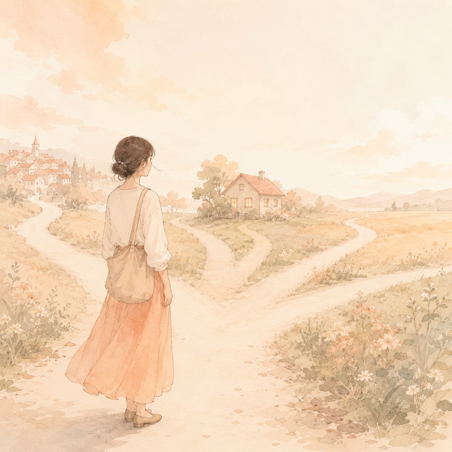 いくつもの道が分かれる場所に立ち、行き先を眺めている女性のイラスト
