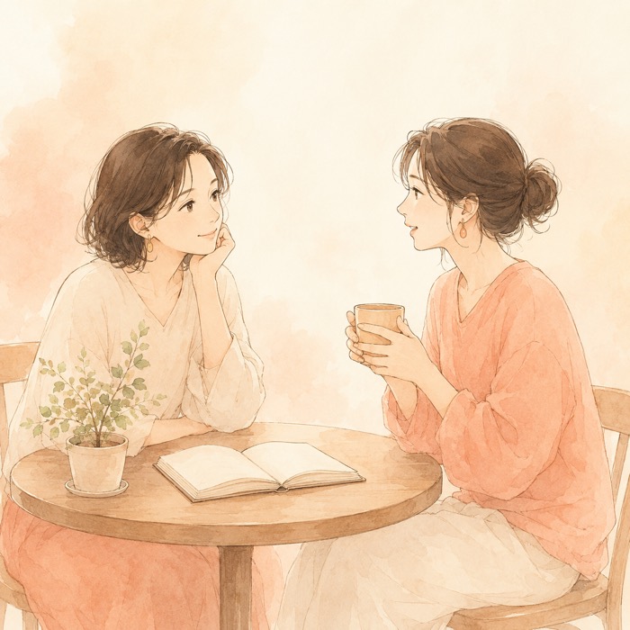 小さな丸テーブルで向かい合い、おだやかに話している二人の女性のイラスト