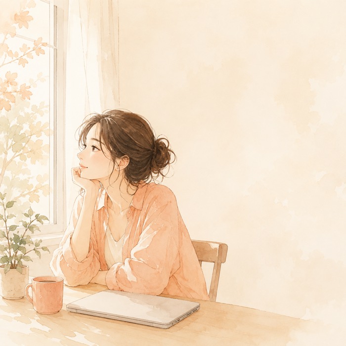 窓辺の席で頬づえをつき、外を眺めながら考えごとをしている女性のイラスト